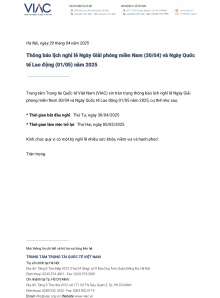 Thông báo lịch nghỉ lễ Ngày Giải phóng miền Nam (30/04) và Ngày Quốc tế Lao động (01/05) năm 2025 