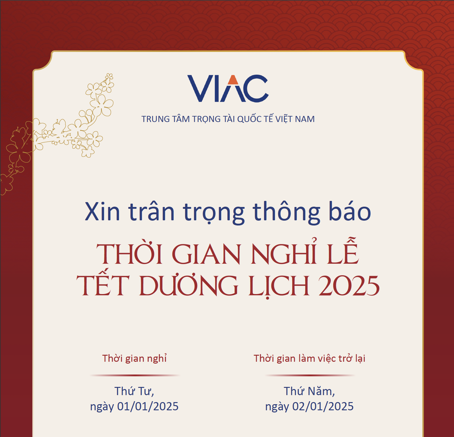 Thông báo nghỉ lễ Tết dương lịch năm 2025
