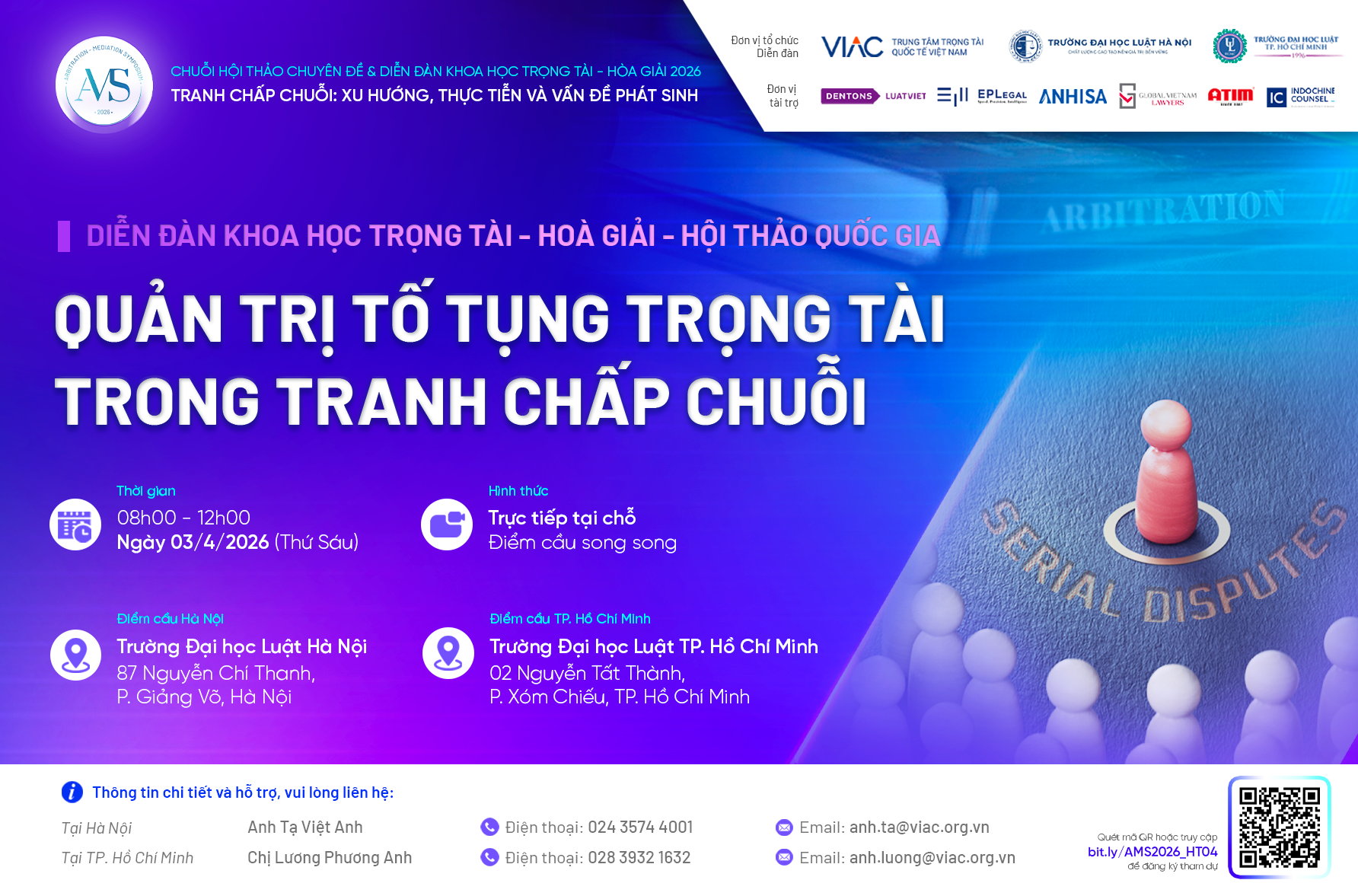 AMS 2026 | Diễn đàn Khoa học – Hội thảo Quốc gia về Trọng tài - Hoà giải 2026: "Quản trị tố tụng trọng tài trong tranh chấp chuỗi"